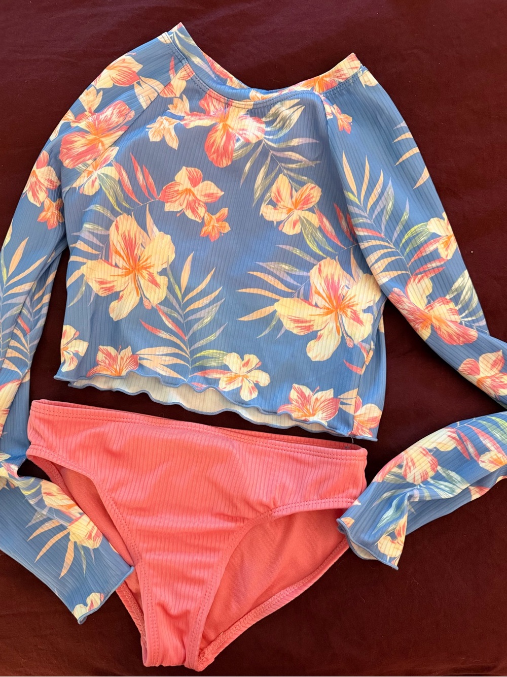 Blue Floral Long-Sleeve Rash Guard with Coral Bottoms